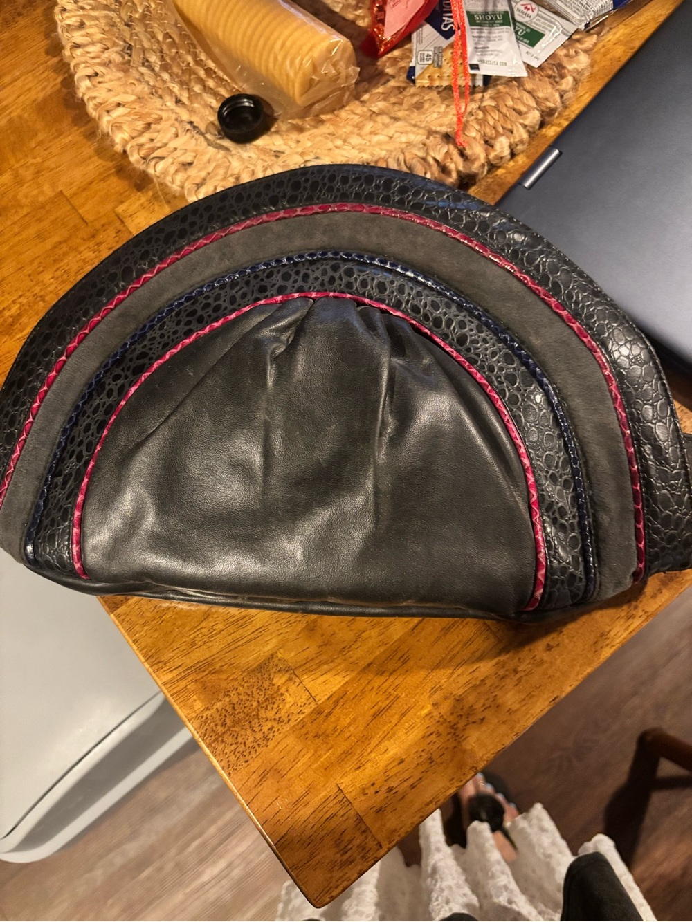 Semi-Circle Black Leather Clutch with Pink & Navy Trim